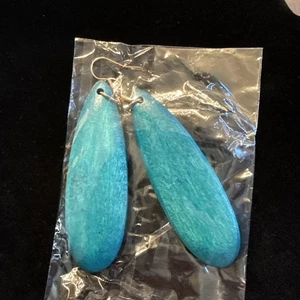Blue Wooden Dangle Drop Earrings Oblong Boho Chic (lot#149) - Picture 1 of 4