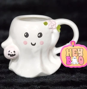 White Ghost Pink Pumpkin Flower Coffee Mug Cup Ceramic Halloween Spooky Cute Boo - Picture 1 of 11