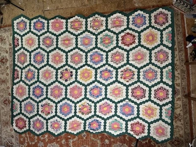 Grandmother's Flower Garden Handsewn Quilt Topper 94x72 inches - Image 1 of 4