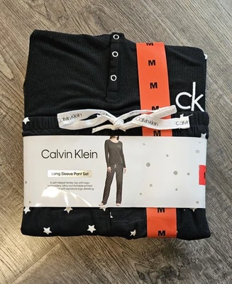 Calvin Klein New Women's Long Sleeve Pant Set Black Logo Henley Top Size Medium - Image 1 of 2