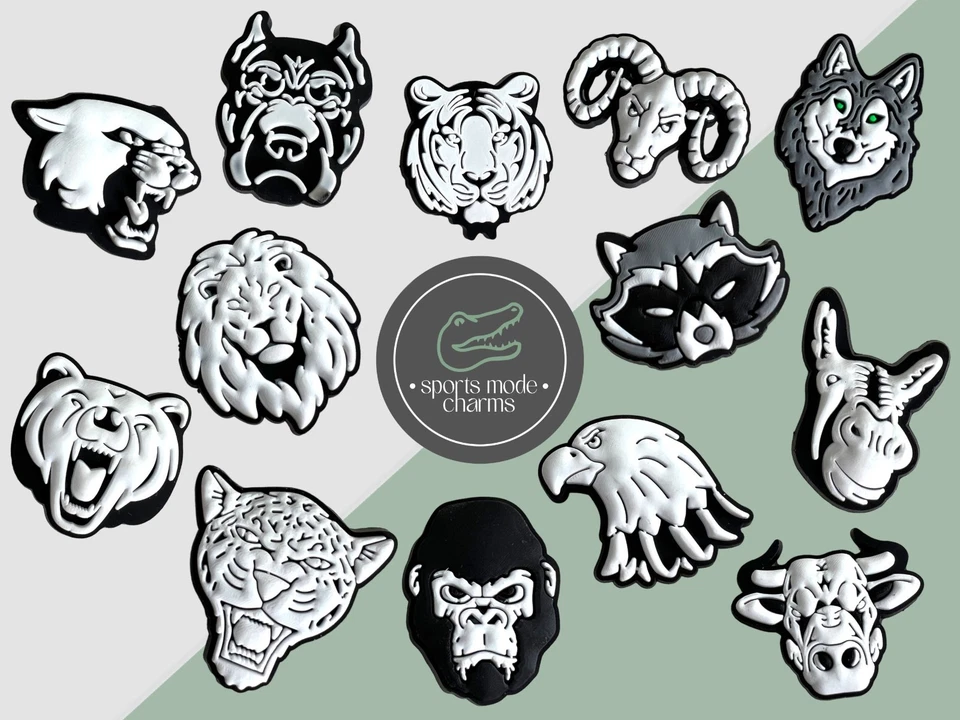 SPORTS MODE CHARMS Black & White Animals - Charms for Shoes Clogs Sandal - Dog Lion Wolf Tiger