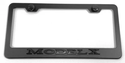 Marco de matrícula negro mate de acero inoxidable emblema Tesla modelo X 3D con tapas Foto 1 de 4