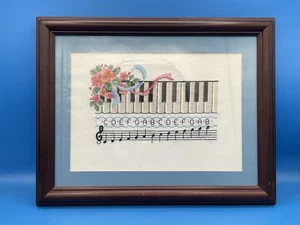 Teclado de piano punto de cruz notas musicales completo enmarcado ramo de flores 11 x 15 - Imagen 1 de 6
