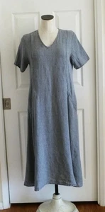 FLAX Designs 100% Linen Lagenlook Cottagecore Blue-Gray Stripe Dress Pockets S M - Picture 1 of 14