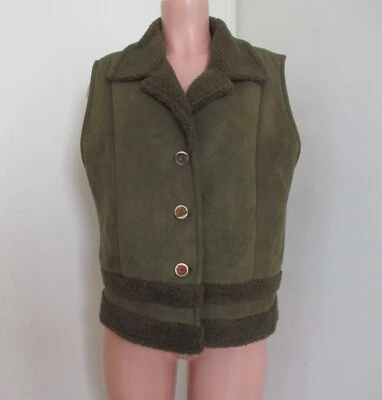 FJALL FAUX SUEDE SHERPA FLEECE LINED OLIVE 绿色 3-BUTTON 女式背心,XL 码 — 第 1/4 张图片