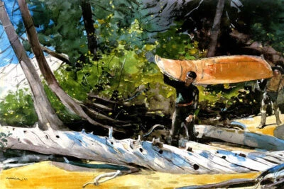 PINTURA FIN DEL PORTAGE 1897 CANOA CANOA MADERA POR WINSLOW HOMER REPRO  Foto 1 de 3