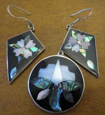 Alpaca Silver Earrings Black Enamel MOP Abalone Floral Pendant Mexico Set  - Image 1 of 4