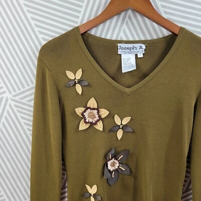 Joseph A size Small Shirt Lagenlook Art to Wear 3D Floral Leather stretch green - Image 1 of 4