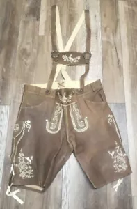 Lederhosen Genuine Leather Shorts & Adjustable Suspenders Trachten Oktoberfest - Picture 1 of 6