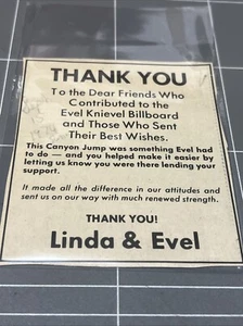 VINTAGE NEWSPAPER CLIPPING EVEL KNIEVEL 1974 SNAKE RIVER CANYON JUMP LINDA THANK - Picture 1 of 3