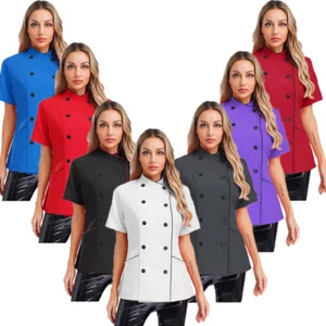 Women Jacket Kitchen Coat Cafe Tops Collar Short Sleeve Canteen Chef Cooking - Picture 1 of 77
