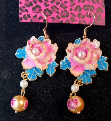 Beautiful Pink LOTUS Flower Pearl Dangle Blue Enamel Betsey Johnson Earrings - Image 1 of 4