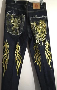 Red Monkey X Japanese Brand Vintage Gold Threaded Tribal Skull Denim Jeans - Bild 1 von 9
