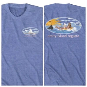 JAWS The Movie T-Shirt 2 Sided Shark Swimmer Amity Island Regatta Mens Lt Blue - Picture 1 of 5