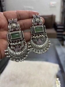 Ethnic Traditional Bollywood Style Golden Silver Indian Long Jewelry Earrings - Picture 1 of 7