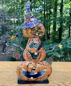 Metal Halloween Stacked Jack O Lantern Pumpkins TEA LIGHT Candle Holder π - Picture 1 of 9