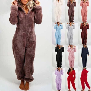 Womens Fluffy Teddy Fleece 1Onesie Ladies Hooded Jumpsuit Dressing Gown Bathrobe - Picture 1 of 24