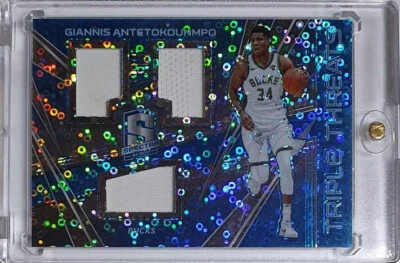 2017 Spectra Giannis Antetokounmpo #PATCH NEON BLUE /49 Game Worn Triple Jerseys - Image 1 of 4