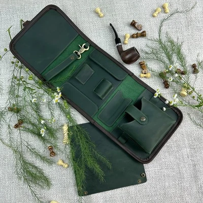 Leather Two-Pipe Roll Tobacco Pouch Set with Tray & Stand - Image 1 of 4