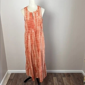 Vestido J. Jill Bordado Algodón En Niveles Maxi Naranja Sin Mangas Cuello Dividido Talla S - Imagen 1 de 12