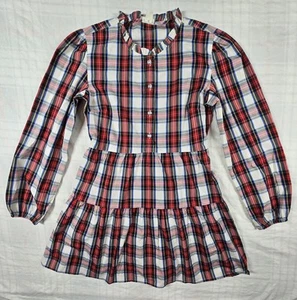 J. Crew Crewcuts Girls Jewel Button Tartan Plaid Tiered Dress Puff Sleeve 16 - Picture 1 of 8