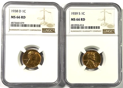1938D & 1939S Lincoln Wheat Cents MS66RD NGC (2) Beautiful Coins! - Image 1 of 4