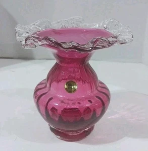 Vintage Rossi Canadian Cranberry Ruffled Edge Vase With Applied Clear Edge - Picture 1 of 8
