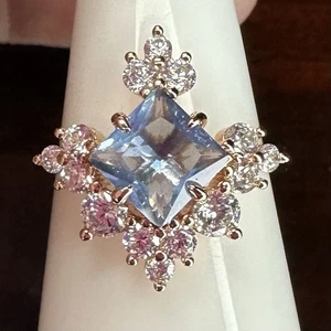 Bomb Party Ring- 2983- Lab Created Blue Quartz- Size 7- Rhodium Plated- Retro - Picture 1 of 6