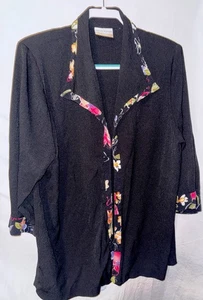 Blusa Alfred Dunner XL Mujer Negra Borde Floral Manga 3/4 Frente Abierto Top - Imagen 1 de 5