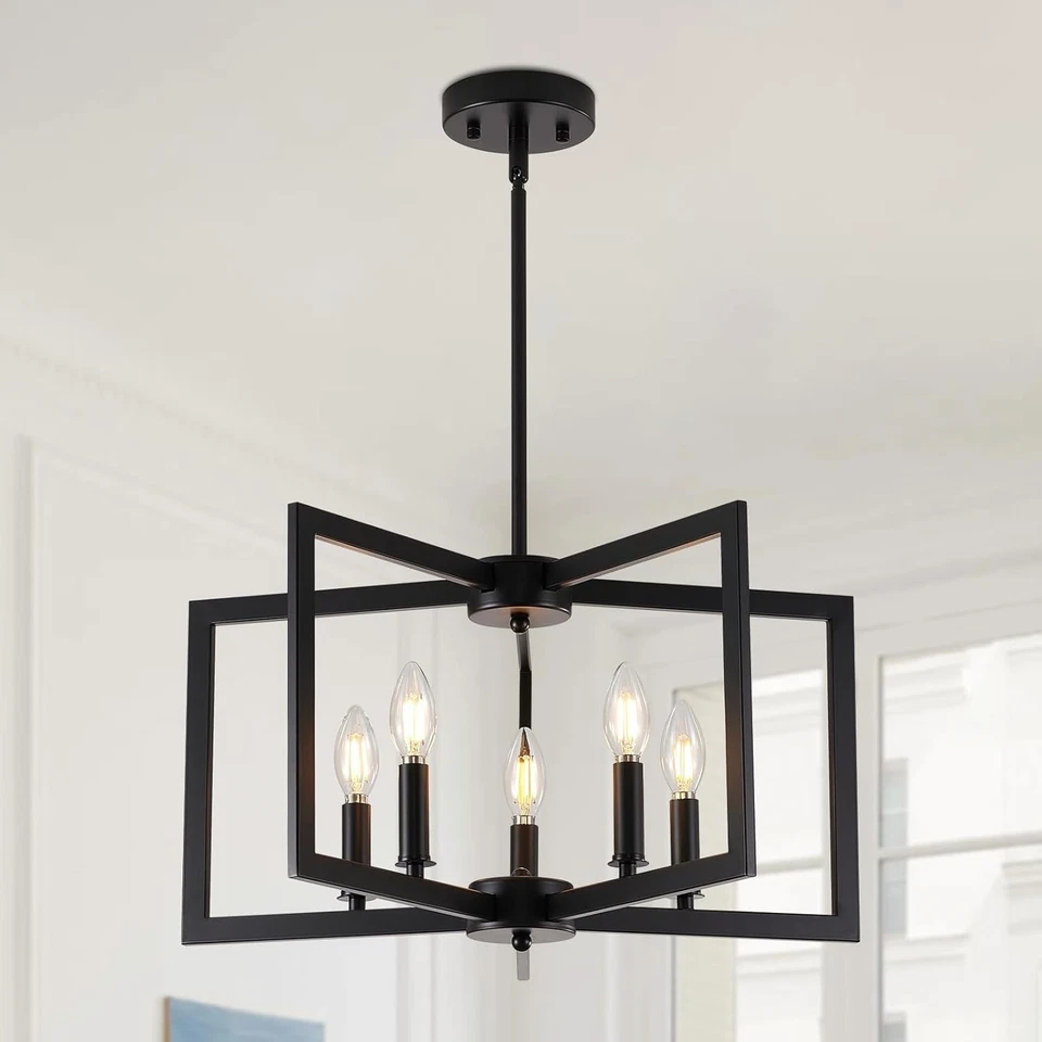 Large Black Chandelier Geometric Farmhouse Dining Room Light Fixture 8 Light  - Image 1 of 4
