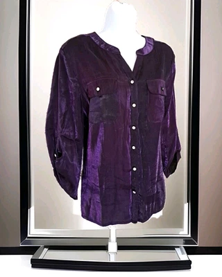 Elementz Blouse XL Purple Shimmer Roll Tab Sleeve Collarless Button-Down Blingy  - Image 1 of 4