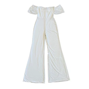 Club L London Off Shoulder Jumpsuit White Bell Bottom Women's Size US 2 Glam - Picture 1 of 11