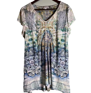 World Unity Top Women's Sz 1X Paisley Short Sleeve Beaded Boho Gypsy Colorful - Picture 1 of 11