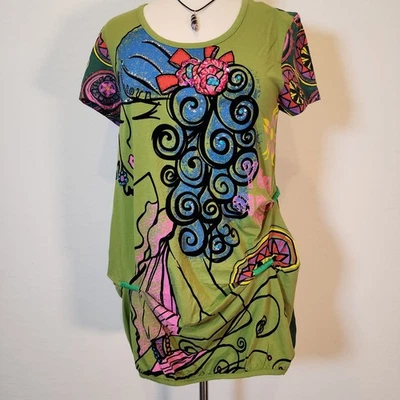 Noun Paris XXL Green Abstract Face Graphic Print Short Sleeve Tunic Top Dress - Image 1 of 4