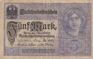 Currency Germany 1917 Reich Banknote 5 Funf Mark Circulated Fair - Poor - Picture 1 of 2