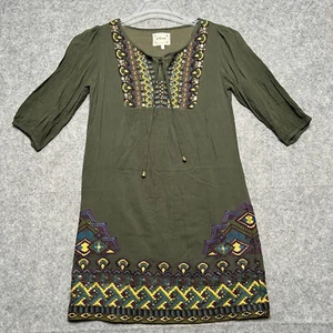 Miss Me Sweet Dress Womens Small Green Aztec Boho Embroidered Artsy Hippie Fun - Picture 1 of 16