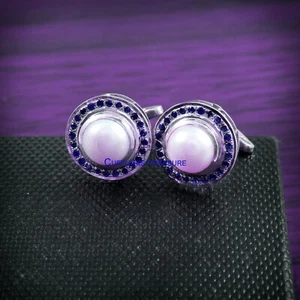 Natural Sapphire & Pearl  Gemstone with 925 sterling Silver Cufflinks for Men #2 - Picture 1 of 3