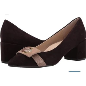 Bettye Muller 8 Brown Tan Suede Block Heel Shoes Gold Hardware NWOB NEW Leather - Picture 1 of 8