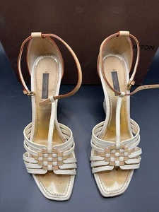Louis Vuitton White/Beige Damier Azur Canvas and Leather Wedge Sandals Size 37 - Picture 1 of 4