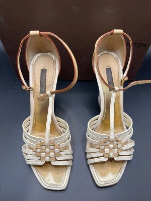 Louis Vuitton White/Beige Damier Azur Canvas and Leather Wedge Sandals Size 37 - Image 1 of 4