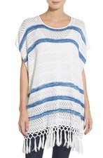 Cupcakes & Cashmere Pura Vida Blue White Striped Knit Poncho Sweater Size Medium