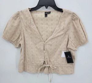 Volcom Top Womens Medium Tan Eyelet Puff Sleeve Cropped Boho Beachy Festival NWT - Picture 1 of 11