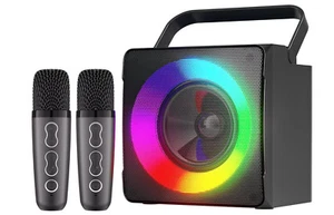 Máquina Karaoke Portátil Luz LED Efectos Cambio De Voz Con 2 Micrófonos - Foto 1 di 3