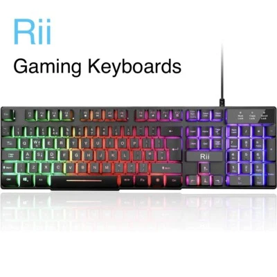 Rii RK100+ Rainbow Backlit LED SLIM GAMING KEYBOARD• Ergonomic, USB-Wired, Black - Image 1 of 4