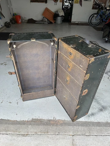 Antique Vintage Rare Vulcanized Fibre Steamer Wardrobe Trunk w/ Clothes Rack Cover