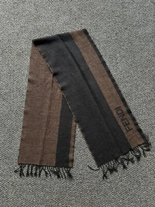 Fendi Wool Striped Fringe Edges Scarf Black Brown - Picture 1 of 5
