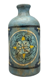 Hand Painted Vase Floral Blue Terra Cotta Rustic Distressed Pottery Bottle 8.75" - Picture 1 of 13