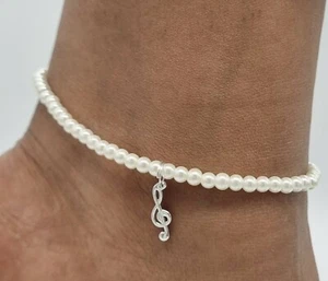 Glass Pearl Bead elastic ankle bracelet foot anklet with music note charm 25cm - Picture 1 of 1
