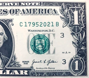 2021 Trailing Birth Year Note One Dollar Schein Fancy Seriennummer C1795 2021B - Bild 1 von 3