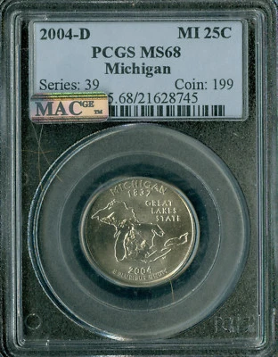 2004 D MICHIGAN QUARTER PCGS MS68 PQ 2ND FINEST GRADE MAC SPOTLESS .  - Image 1 of 4